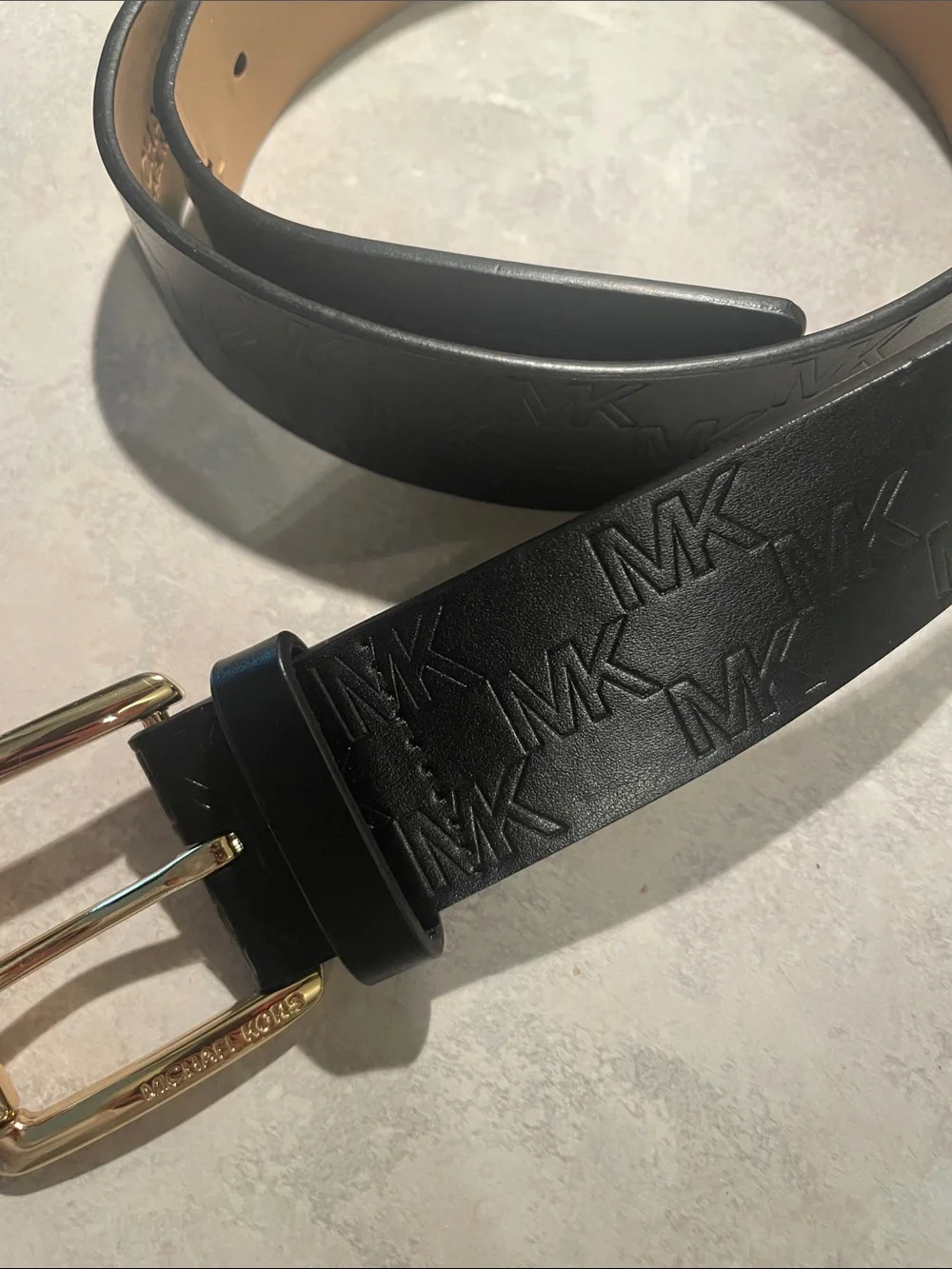 New Michael Kors Black Embossed MK Leather Belt with Gold-Tone Buckle